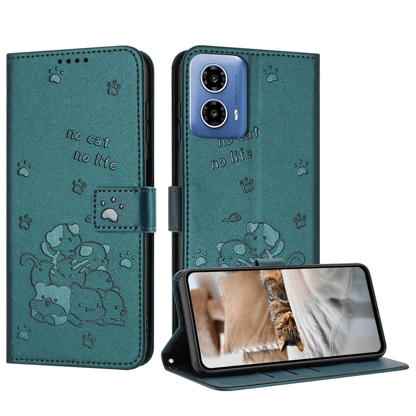 Motorola Moto G34 Embossed Kitten PU Leather Wallet Case with Card Slots, Cash Pocket, Kickstand Function, Wrist Lanyard Strap, Full Protective TPU Flip Cover