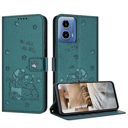 Motorola Moto G34 Embossed Kitten PU Leather Wallet Case with Card Slots, Cash Pocket, Kickstand Function, Wrist Lanyard Strap, Full Protective TPU Flip Cover
