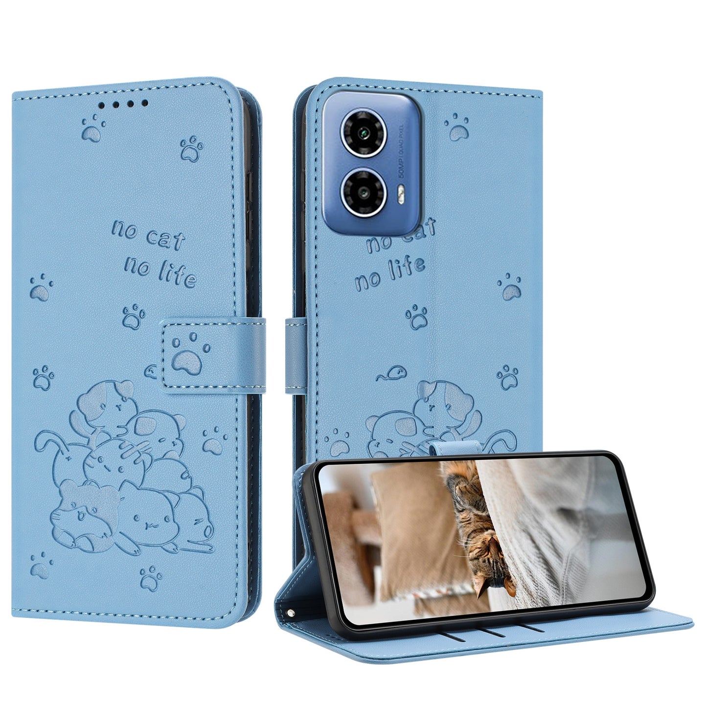 Motorola Moto G35 Embossed Kitten PU Leather Wallet Case with Card Slots, Cash Pocket, Kickstand Function, Wrist Lanyard Strap, Full Protective TPU Flip Cover