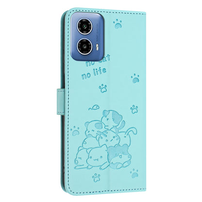 Motorola Moto G35 Embossed Kitten PU Leather Wallet Case with Card Slots, Cash Pocket, Kickstand Function, Wrist Lanyard Strap, Full Protective TPU Flip Cover