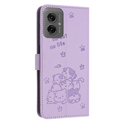 Motorola Moto G55 Embossed Kitten PU Leather Wallet Case with Card Slots, Cash Pocket, Kickstand Function, Wrist Lanyard Strap, Full Protective TPU Flip Cover