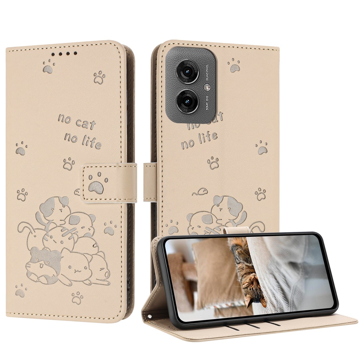 Motorola Moto G55 Embossed Kitten PU Leather Wallet Case with Card Slots, Cash Pocket, Kickstand Function, Wrist Lanyard Strap, Full Protective TPU Flip Cover