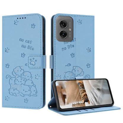 Motorola Moto G55 Embossed Kitten PU Leather Wallet Case with Card Slots, Cash Pocket, Kickstand Function, Wrist Lanyard Strap, Full Protective TPU Flip Cover