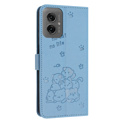 Motorola Moto G55 Embossed Kitten PU Leather Wallet Case with Card Slots, Cash Pocket, Kickstand Function, Wrist Lanyard Strap, Full Protective TPU Flip Cover