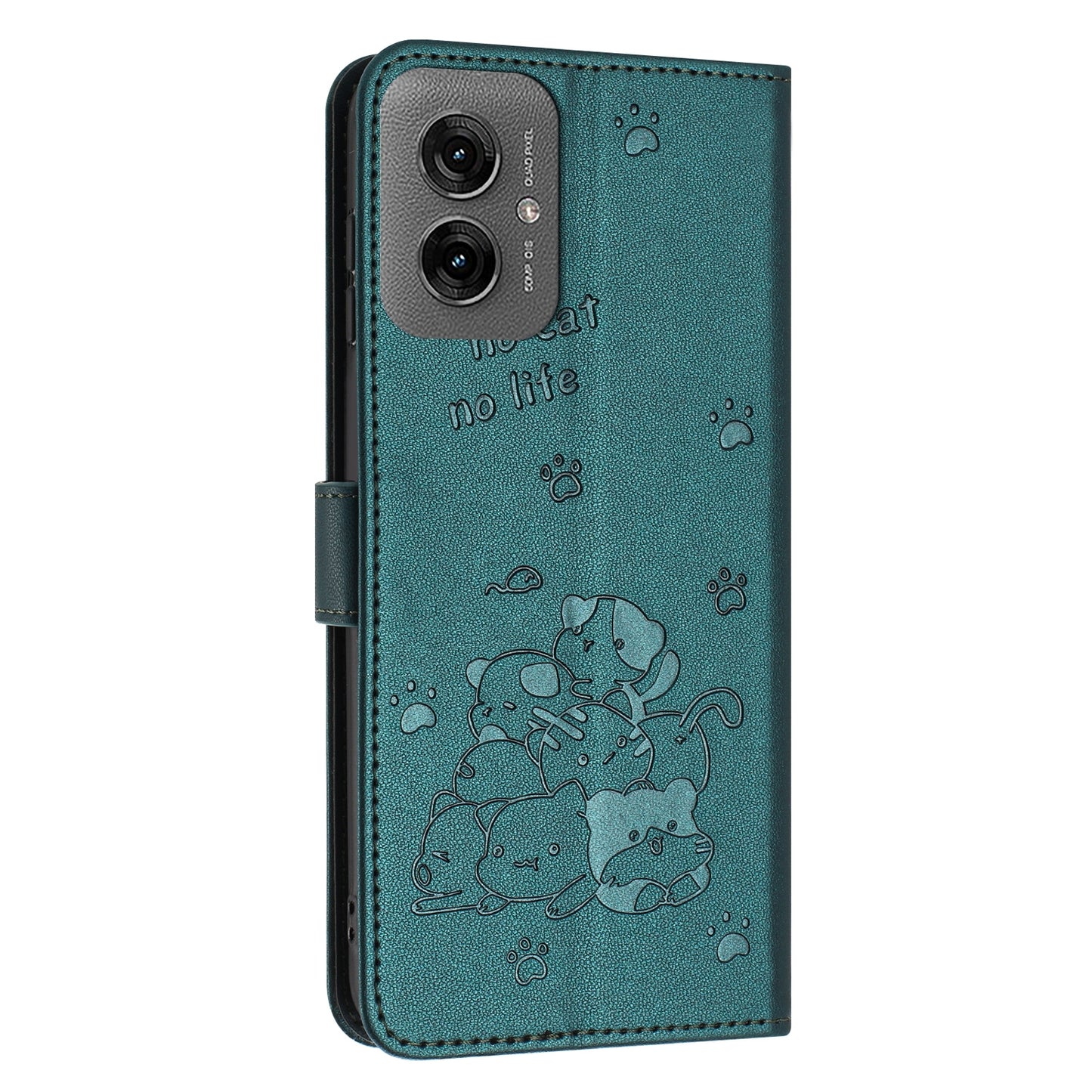 Motorola Moto G55 Embossed Kitten PU Leather Wallet Case with Card Slots, Cash Pocket, Kickstand Function, Wrist Lanyard Strap, Full Protective TPU Flip Cover