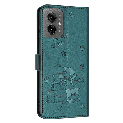 Motorola Moto G55 Embossed Kitten PU Leather Wallet Case with Card Slots, Cash Pocket, Kickstand Function, Wrist Lanyard Strap, Full Protective TPU Flip Cover