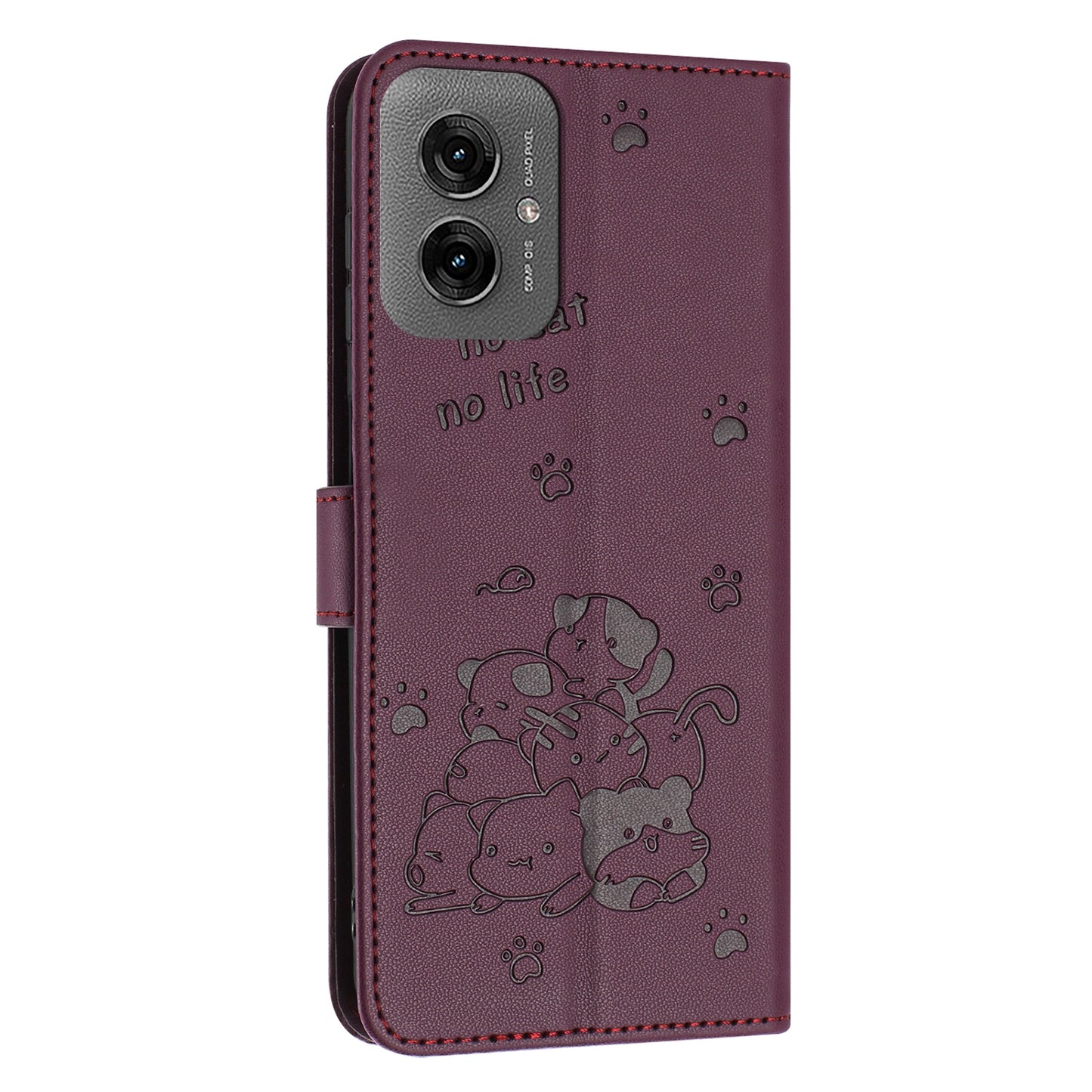 Motorola Moto G55 Embossed Kitten PU Leather Wallet Case with Card Slots, Cash Pocket, Kickstand Function, Wrist Lanyard Strap, Full Protective TPU Flip Cover