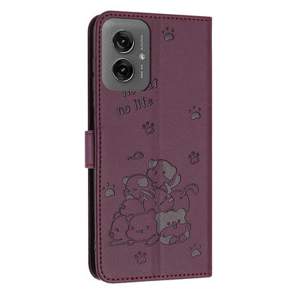 Motorola Moto G55 Embossed Kitten PU Leather Wallet Case with Card Slots, Cash Pocket, Kickstand Function, Wrist Lanyard Strap, Full Protective TPU Flip Cover