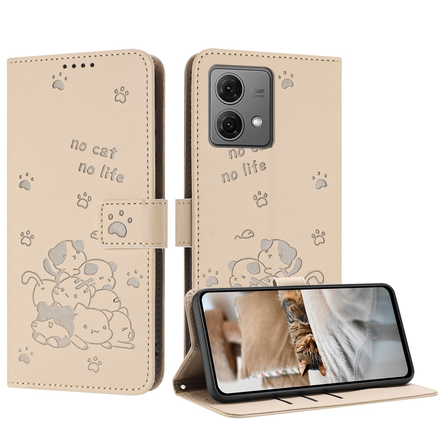 Motorola Moto G84 Embossed Kitten PU Leather Wallet Case with Card Slots, Cash Pocket, Kickstand Function, Wrist Lanyard Strap, Full Protective TPU Flip Cover