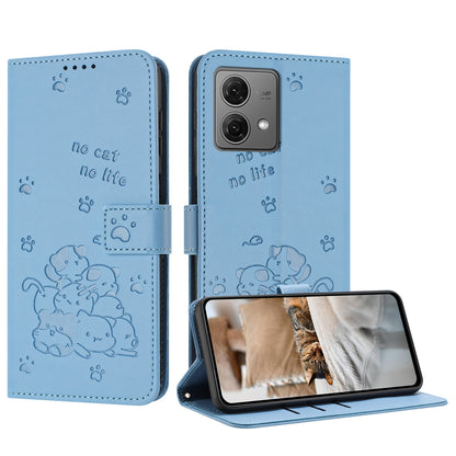Motorola Moto G84 Embossed Kitten PU Leather Wallet Case with Card Slots, Cash Pocket, Kickstand Function, Wrist Lanyard Strap, Full Protective TPU Flip Cover