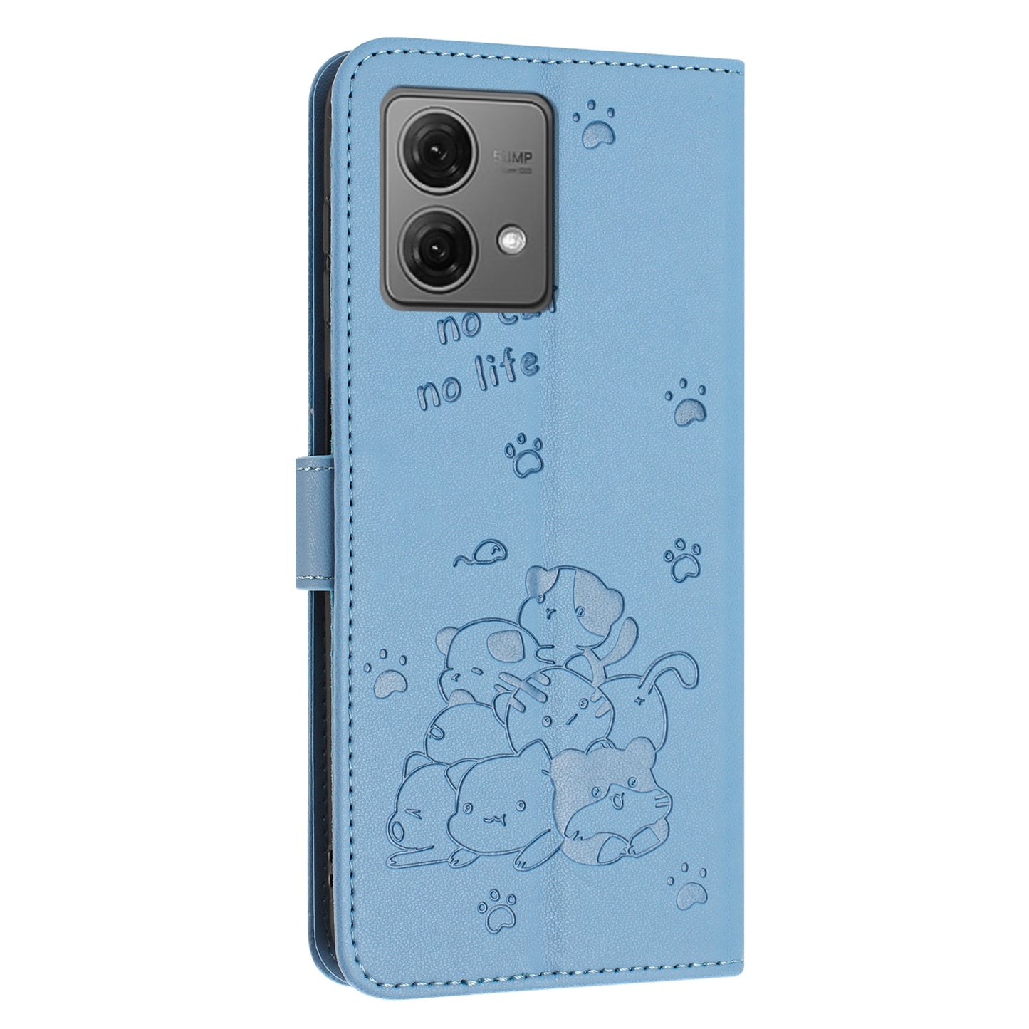Motorola Moto G84 Embossed Kitten PU Leather Wallet Case with Card Slots, Cash Pocket, Kickstand Function, Wrist Lanyard Strap, Full Protective TPU Flip Cover