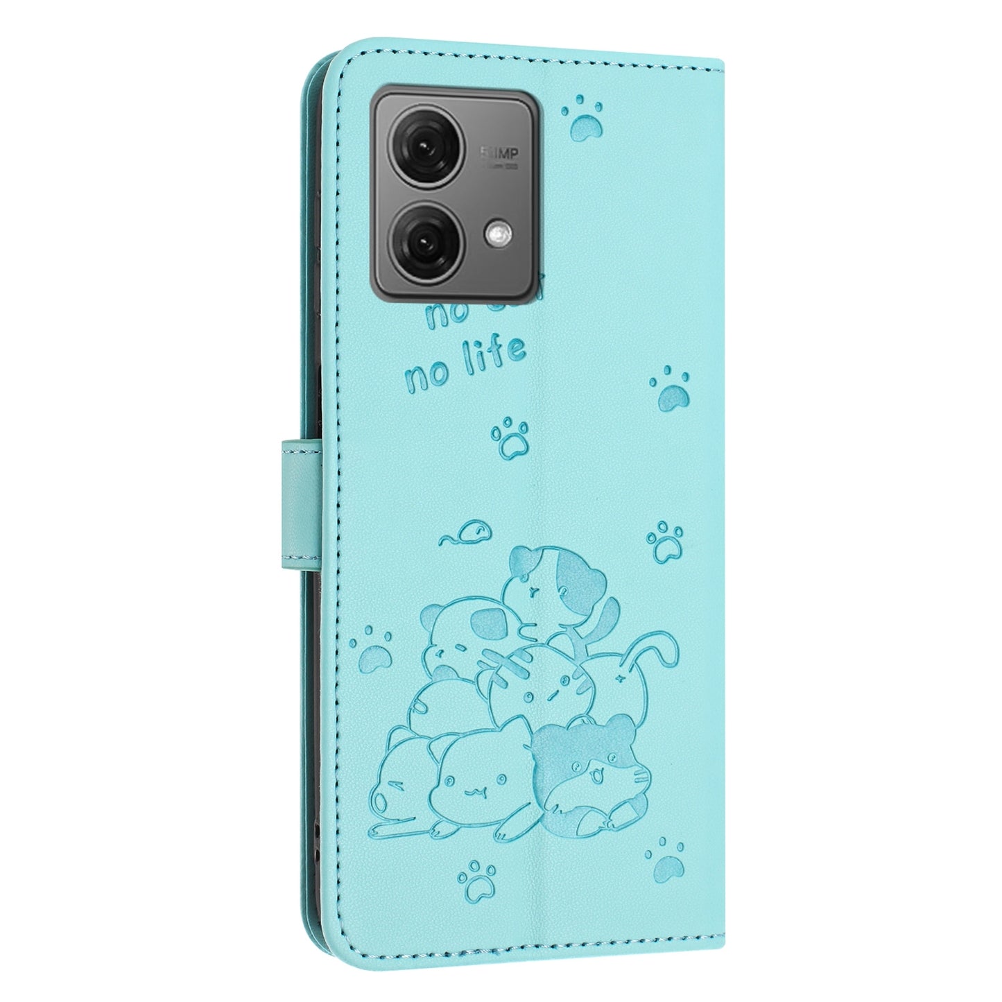 Motorola Moto G84 Embossed Kitten PU Leather Wallet Case with Card Slots, Cash Pocket, Kickstand Function, Wrist Lanyard Strap, Full Protective TPU Flip Cover
