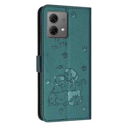 Motorola Moto G84 Embossed Kitten PU Leather Wallet Case with Card Slots, Cash Pocket, Kickstand Function, Wrist Lanyard Strap, Full Protective TPU Flip Cover