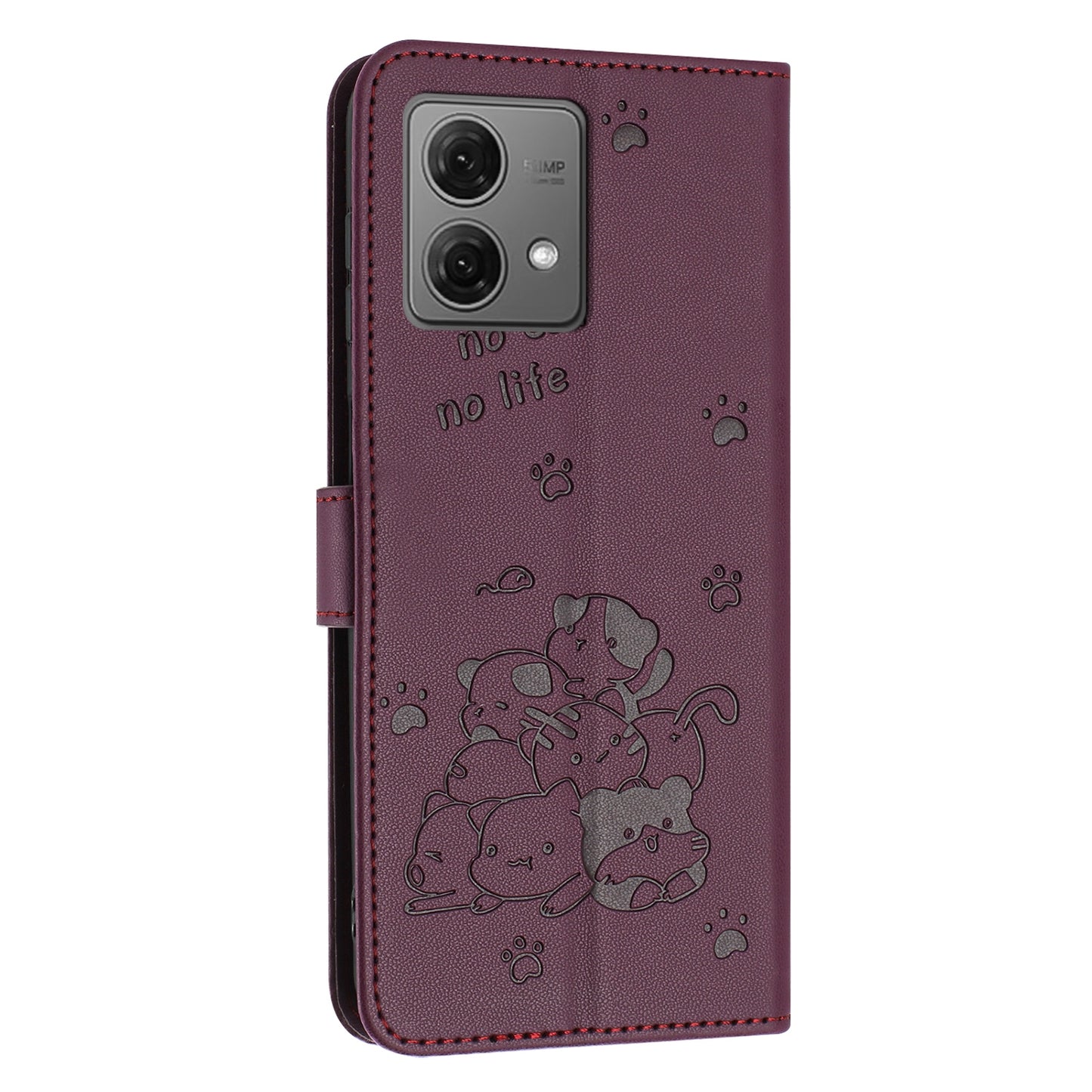 Motorola Moto G84 Embossed Kitten PU Leather Wallet Case with Card Slots, Cash Pocket, Kickstand Function, Wrist Lanyard Strap, Full Protective TPU Flip Cover