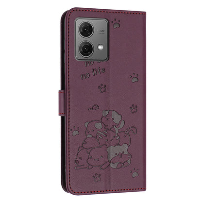 Motorola Moto G84 Embossed Kitten PU Leather Wallet Case with Card Slots, Cash Pocket, Kickstand Function, Wrist Lanyard Strap, Full Protective TPU Flip Cover