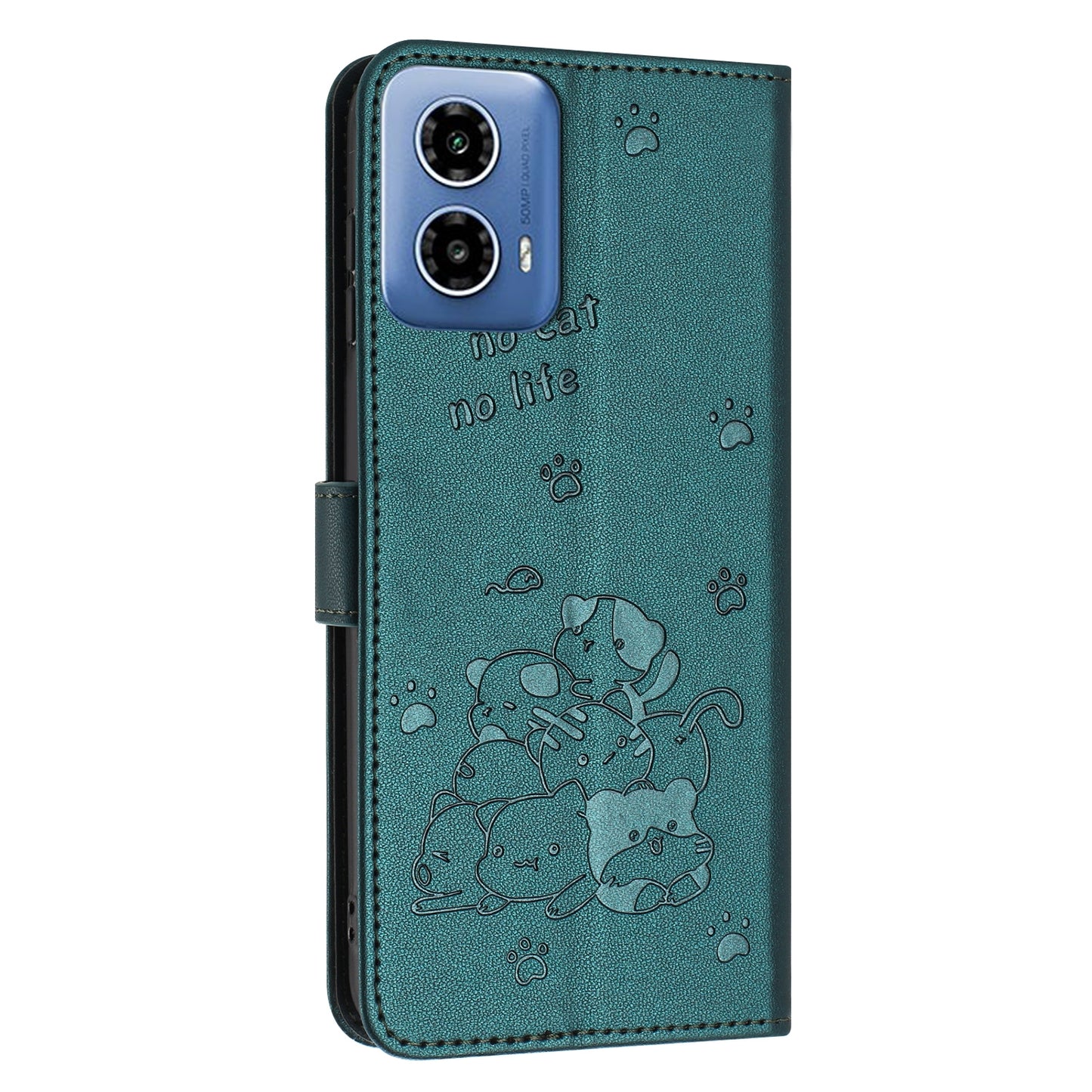 Motorola Moto G85 Embossed Kitten PU Leather Wallet Case with Card Slots, Cash Pocket, Kickstand Function, Wrist Lanyard Strap, Full Protective TPU Flip Cover