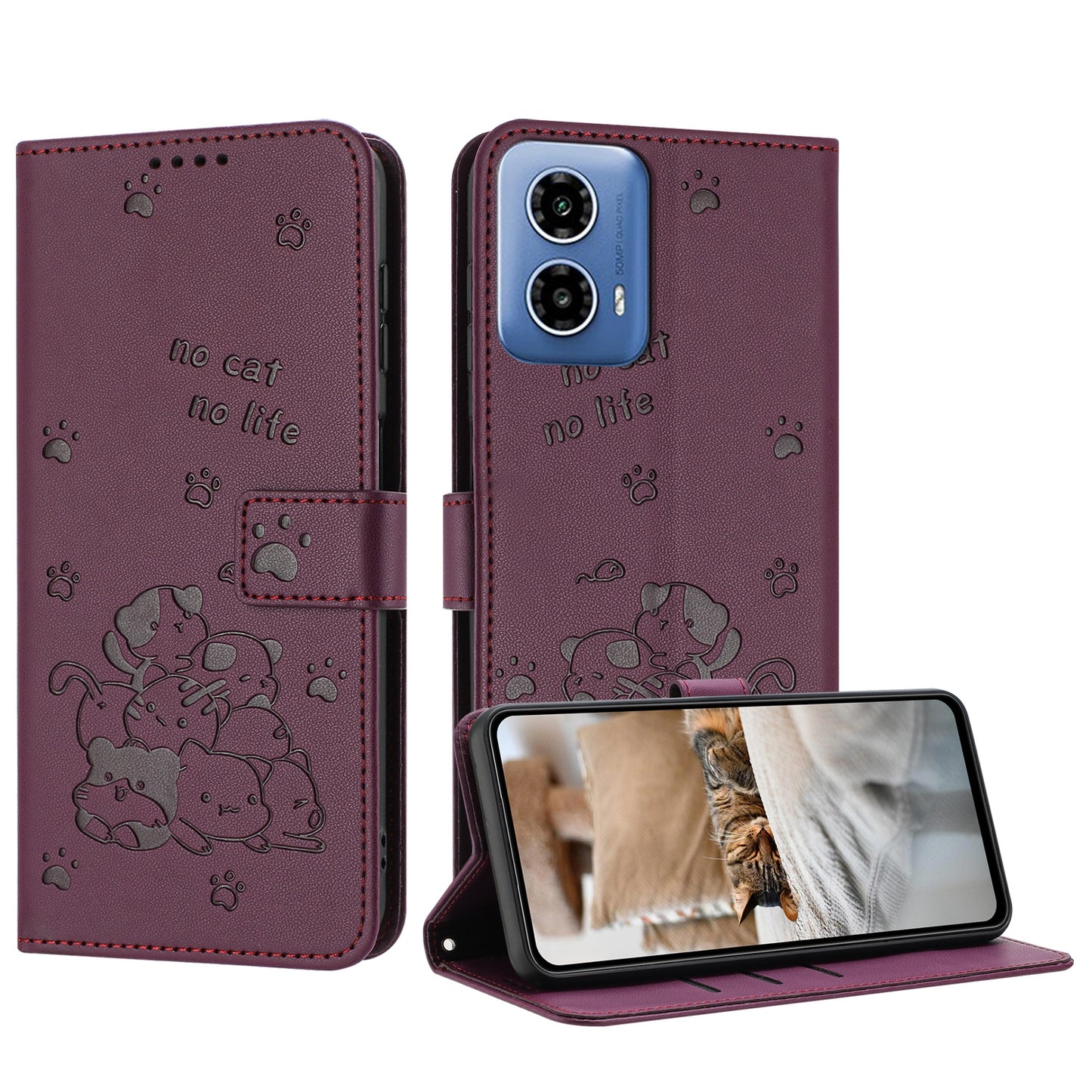 Motorola Moto G85 Embossed Kitten PU Leather Wallet Case with Card Slots, Cash Pocket, Kickstand Function, Wrist Lanyard Strap, Full Protective TPU Flip Cover