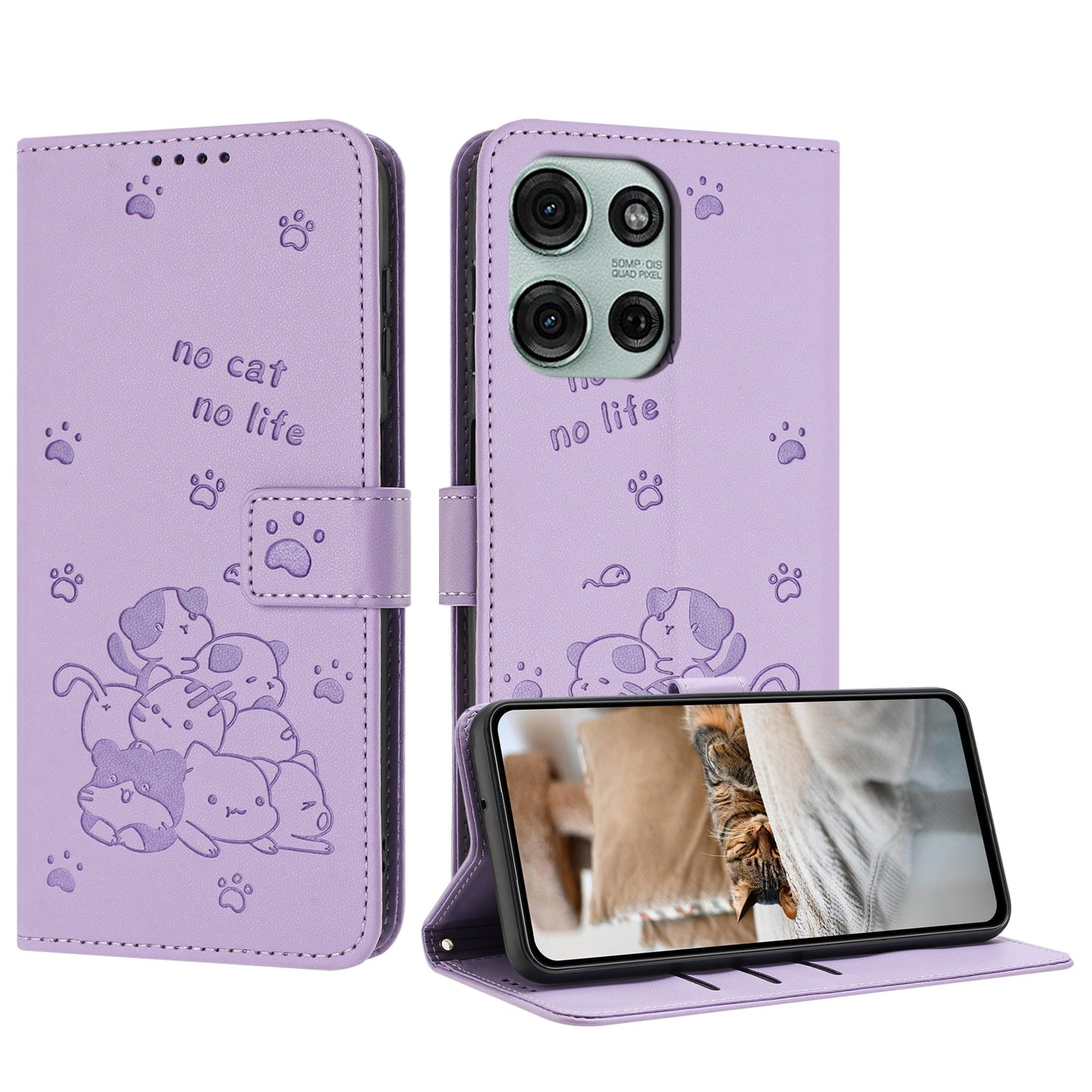 Motorola Moto G75 Embossed Kitten PU Leather Wallet Case with Card Slots, Cash Pocket, Kickstand Function, Wrist Lanyard Strap, Full Protective TPU Flip Cover