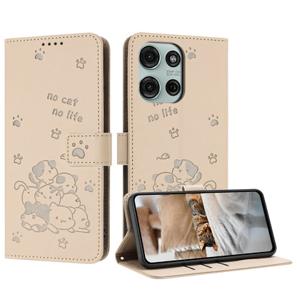 Motorola Moto G75 Embossed Kitten PU Leather Wallet Case with Card Slots, Cash Pocket, Kickstand Function, Wrist Lanyard Strap, Full Protective TPU Flip Cover
