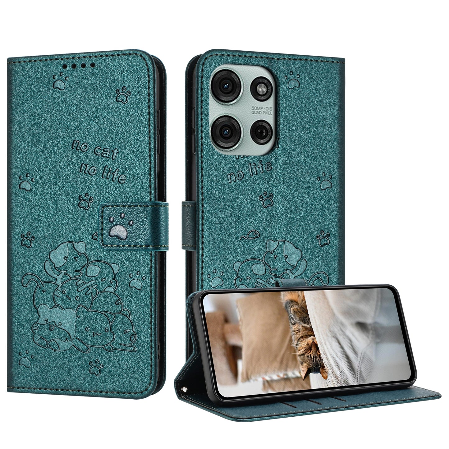 Motorola Moto G75 Embossed Kitten PU Leather Wallet Case with Card Slots, Cash Pocket, Kickstand Function, Wrist Lanyard Strap, Full Protective TPU Flip Cover
