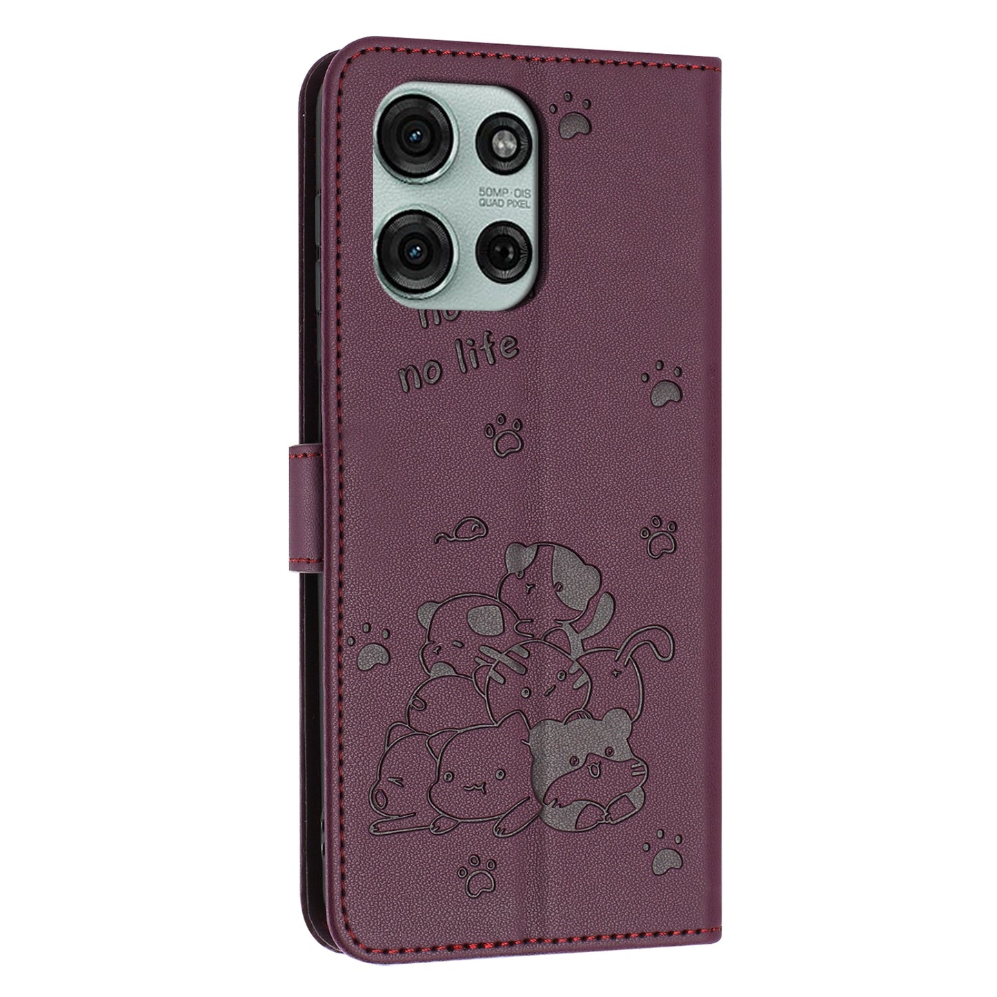 Motorola Moto G75 Embossed Kitten PU Leather Wallet Case with Card Slots, Cash Pocket, Kickstand Function, Wrist Lanyard Strap, Full Protective TPU Flip Cover