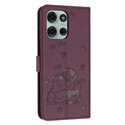 Motorola Moto G75 Embossed Kitten PU Leather Wallet Case with Card Slots, Cash Pocket, Kickstand Function, Wrist Lanyard Strap, Full Protective TPU Flip Cover