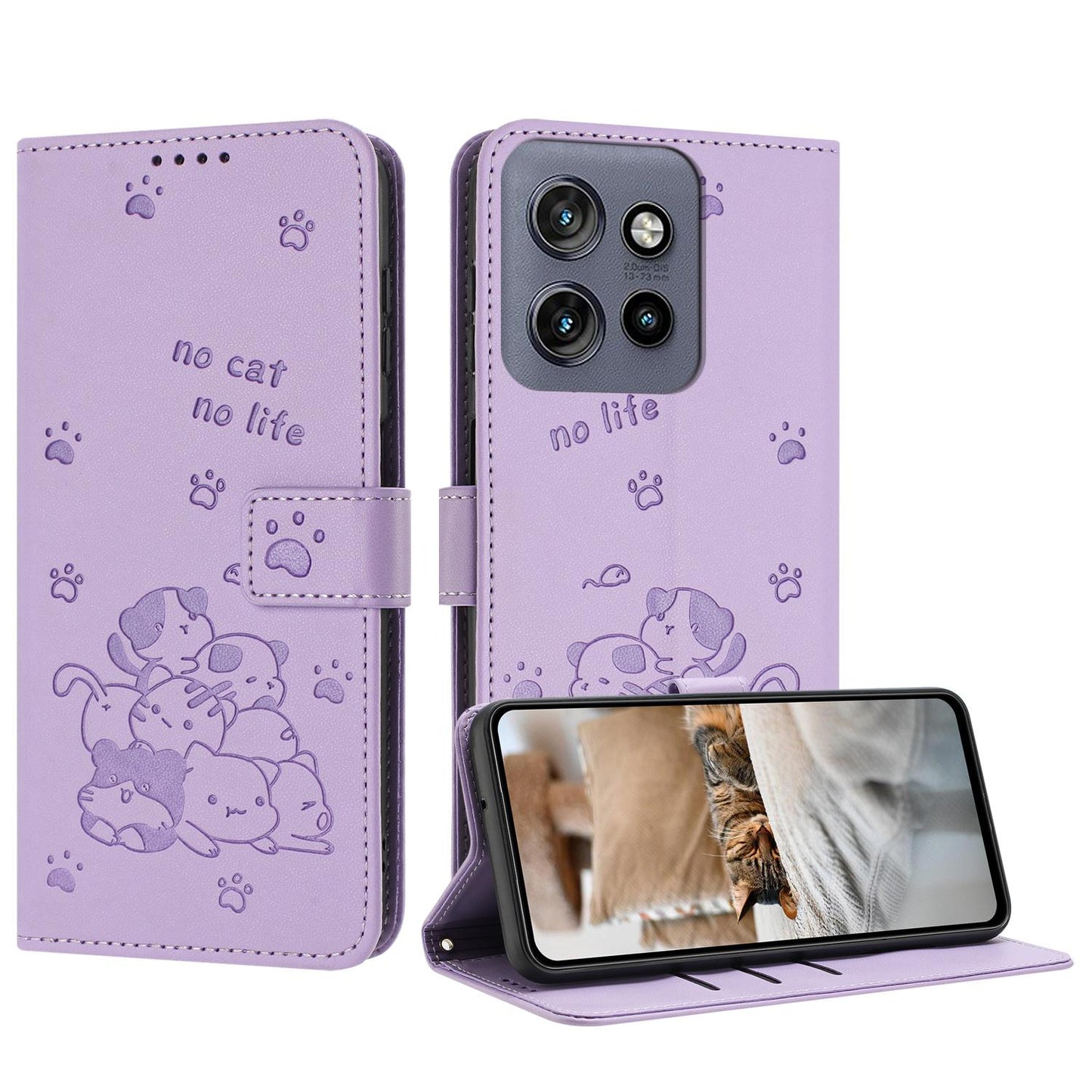 Motorola Moto G15 Embossed Kitten PU Leather Wallet Case with Card Slots, Cash Pocket, Kickstand Function, Wrist Lanyard Strap, Full Protective TPU Flip Cover