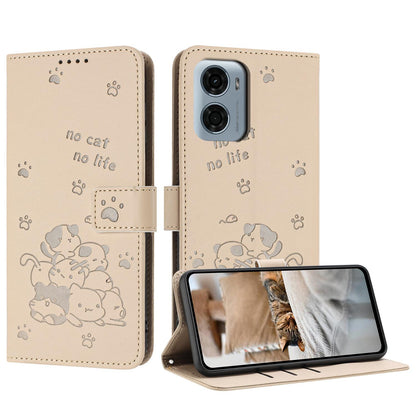 Motorola Moto G05 Embossed Kitten PU Leather Wallet Case with Card Slots, Cash Pocket, Kickstand Function, Wrist Lanyard Strap, Full Protective TPU Flip Cover
