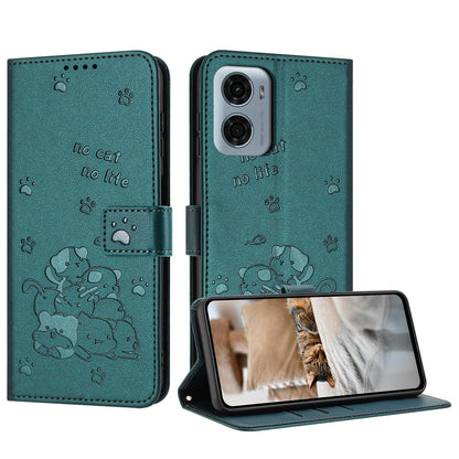 Motorola Moto G05 Embossed Kitten PU Leather Wallet Case with Card Slots, Cash Pocket, Kickstand Function, Wrist Lanyard Strap, Full Protective TPU Flip Cover
