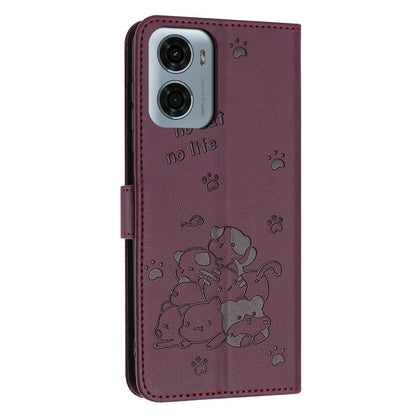 Motorola Moto G05 Embossed Kitten PU Leather Wallet Case with Card Slots, Cash Pocket, Kickstand Function, Wrist Lanyard Strap, Full Protective TPU Flip Cover