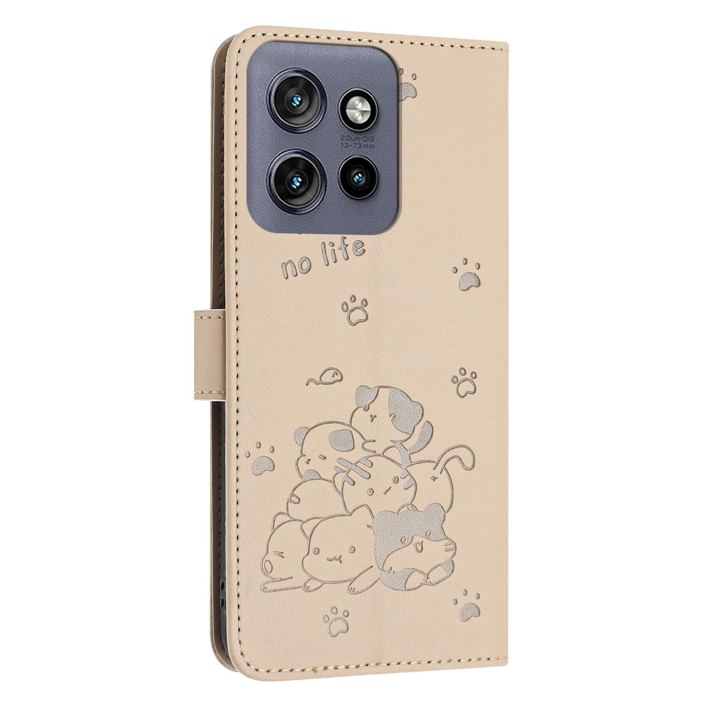 Motorola Moto G Play 2025 Embossed Kitten PU Leather Wallet Case with Card Slots, Cash Pocket, Kickstand Function, Wrist Lanyard Strap, Full Protective TPU Flip Cover