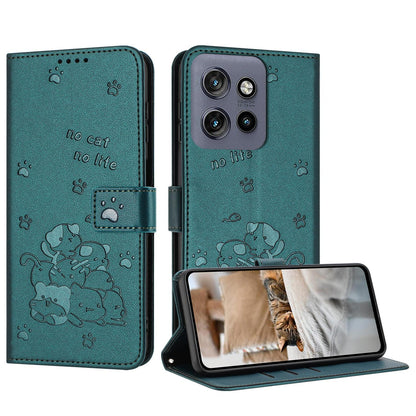 Motorola Moto G Play 2025 Embossed Kitten PU Leather Wallet Case with Card Slots, Cash Pocket, Kickstand Function, Wrist Lanyard Strap, Full Protective TPU Flip Cover