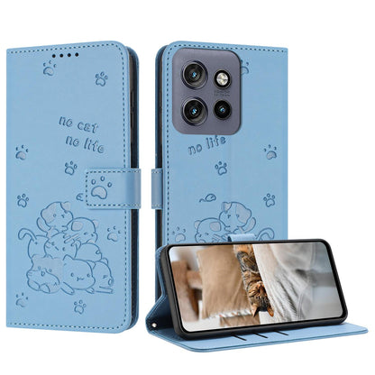 Motorola Moto G 5G 2025 Embossed Kitten PU Leather Wallet Case with Card Slots, Cash Pocket, Kickstand Function, Wrist Lanyard Strap, Full Protective TPU Flip Cover