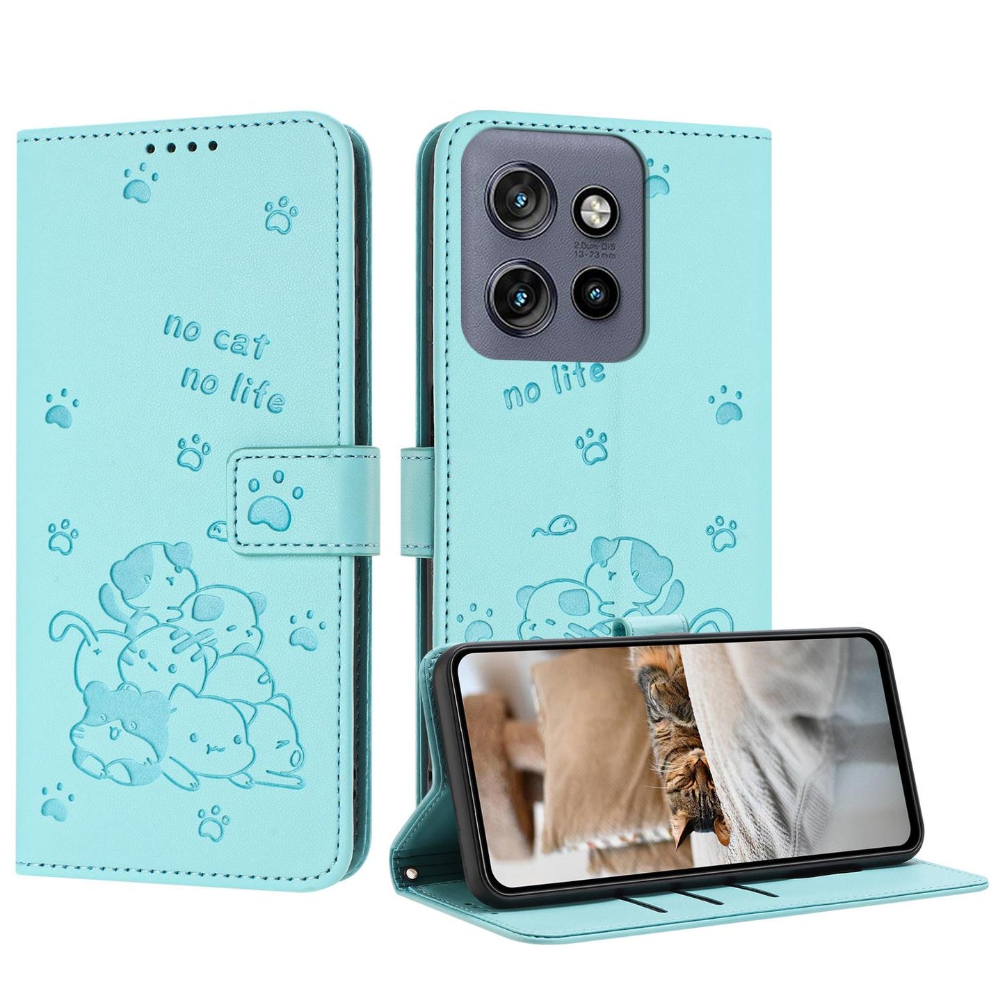 Motorola Moto G 5G 2025 Embossed Kitten PU Leather Wallet Case with Card Slots, Cash Pocket, Kickstand Function, Wrist Lanyard Strap, Full Protective TPU Flip Cover