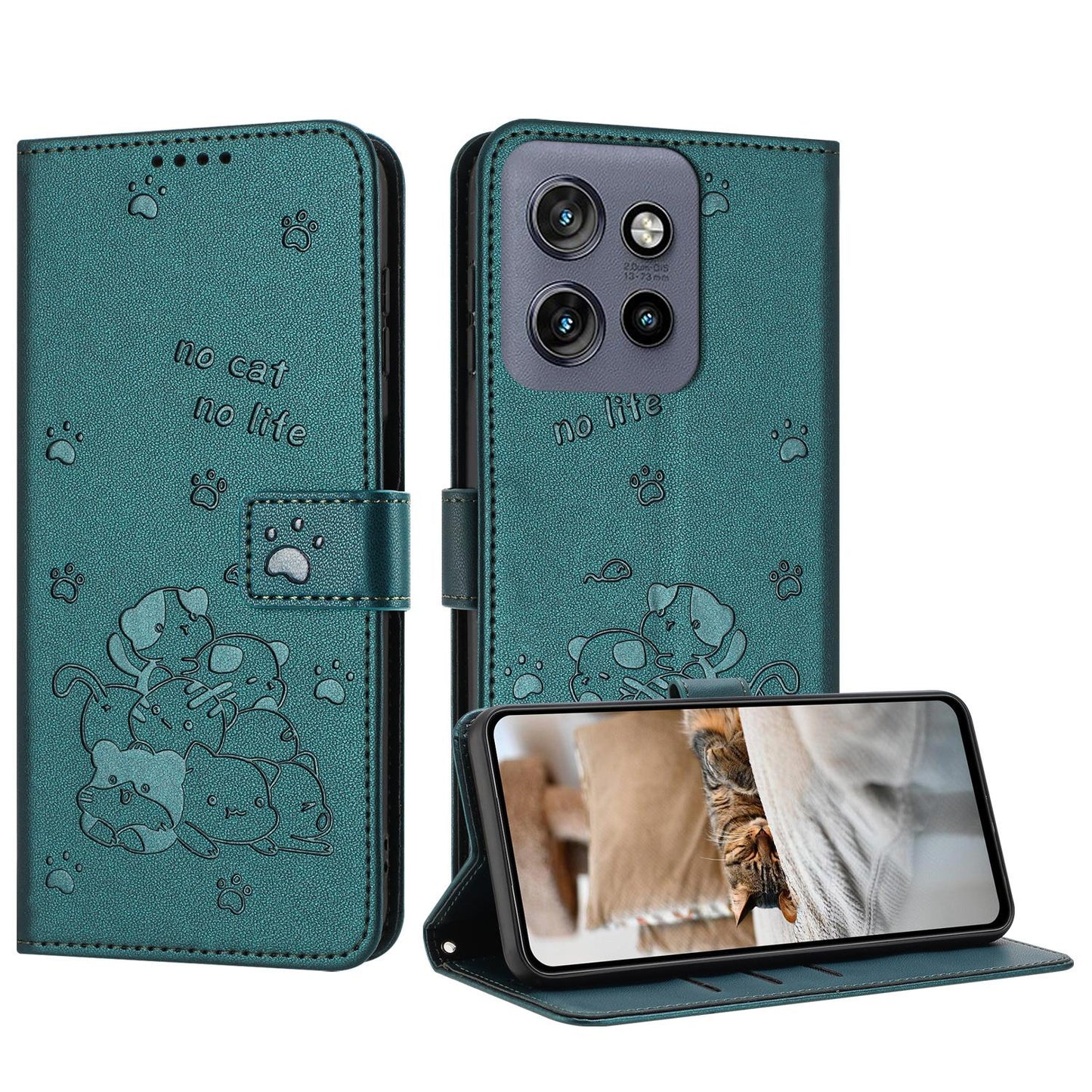 Motorola Moto G 5G 2025 Embossed Kitten PU Leather Wallet Case with Card Slots, Cash Pocket, Kickstand Function, Wrist Lanyard Strap, Full Protective TPU Flip Cover