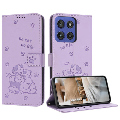 Motorola Moto G Stylus 5G 2025 Embossed Kitten PU Leather Wallet Case with Card Slots, Cash Pocket, Kickstand Function, Wrist Lanyard Strap, Full Protective TPU Flip Cover