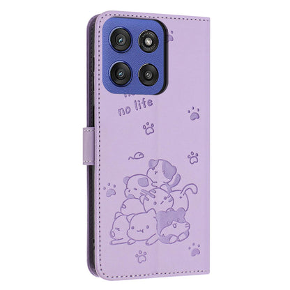 Motorola Edge 60 Fusion Embossed Kitten PU Leather Wallet Case with Card Slots, Cash Pocket, Kickstand Function, Wrist Lanyard Strap, Full Protective TPU Flip Cover