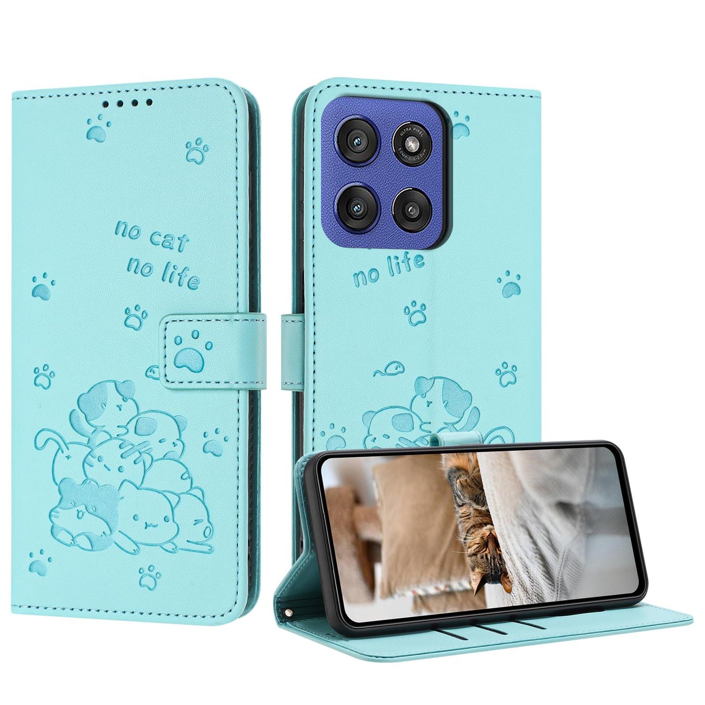 Motorola Edge 60 Fusion Embossed Kitten PU Leather Wallet Case with Card Slots, Cash Pocket, Kickstand Function, Wrist Lanyard Strap, Full Protective TPU Flip Cover