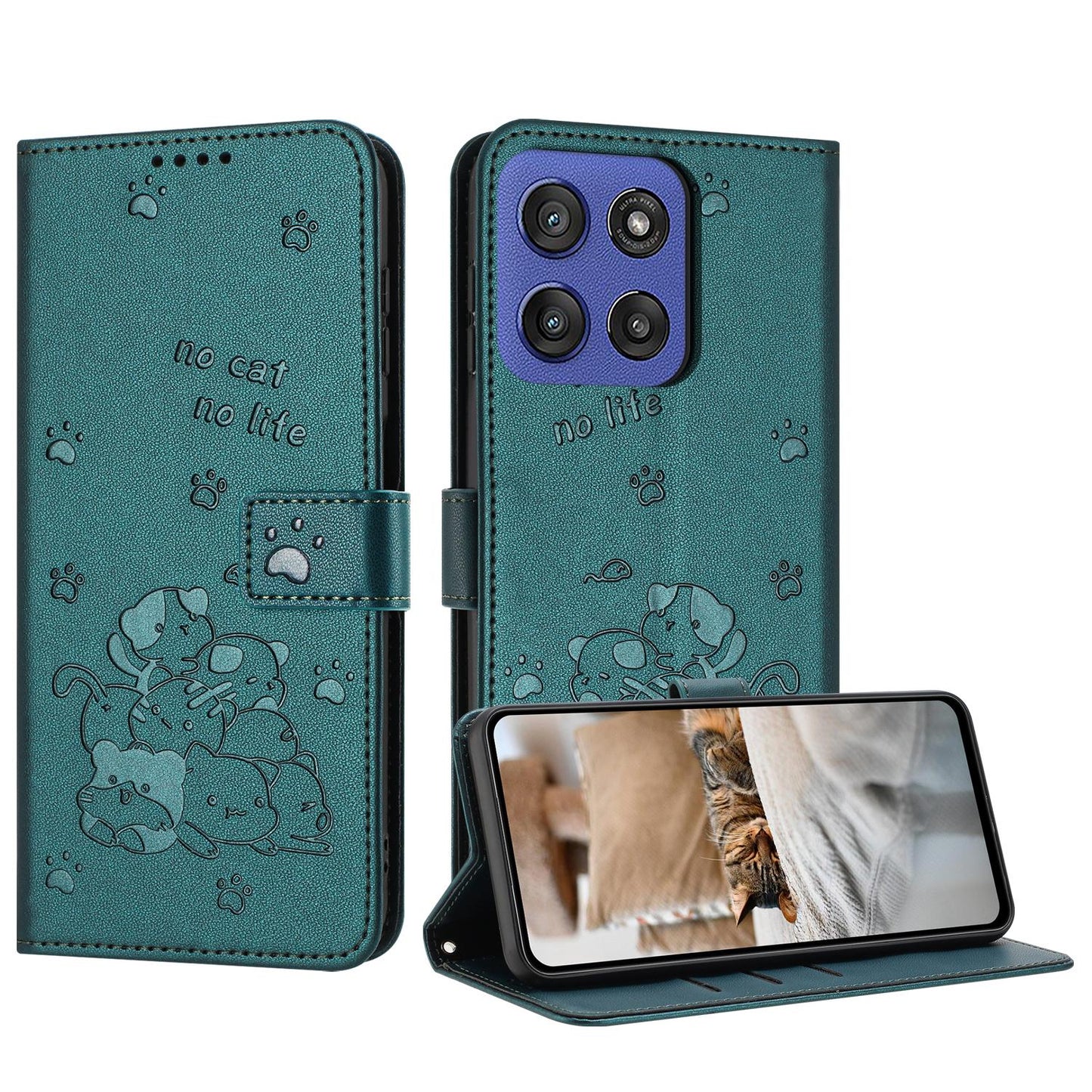 Motorola Edge 60 Fusion Embossed Kitten PU Leather Wallet Case with Card Slots, Cash Pocket, Kickstand Function, Wrist Lanyard Strap, Full Protective TPU Flip Cover