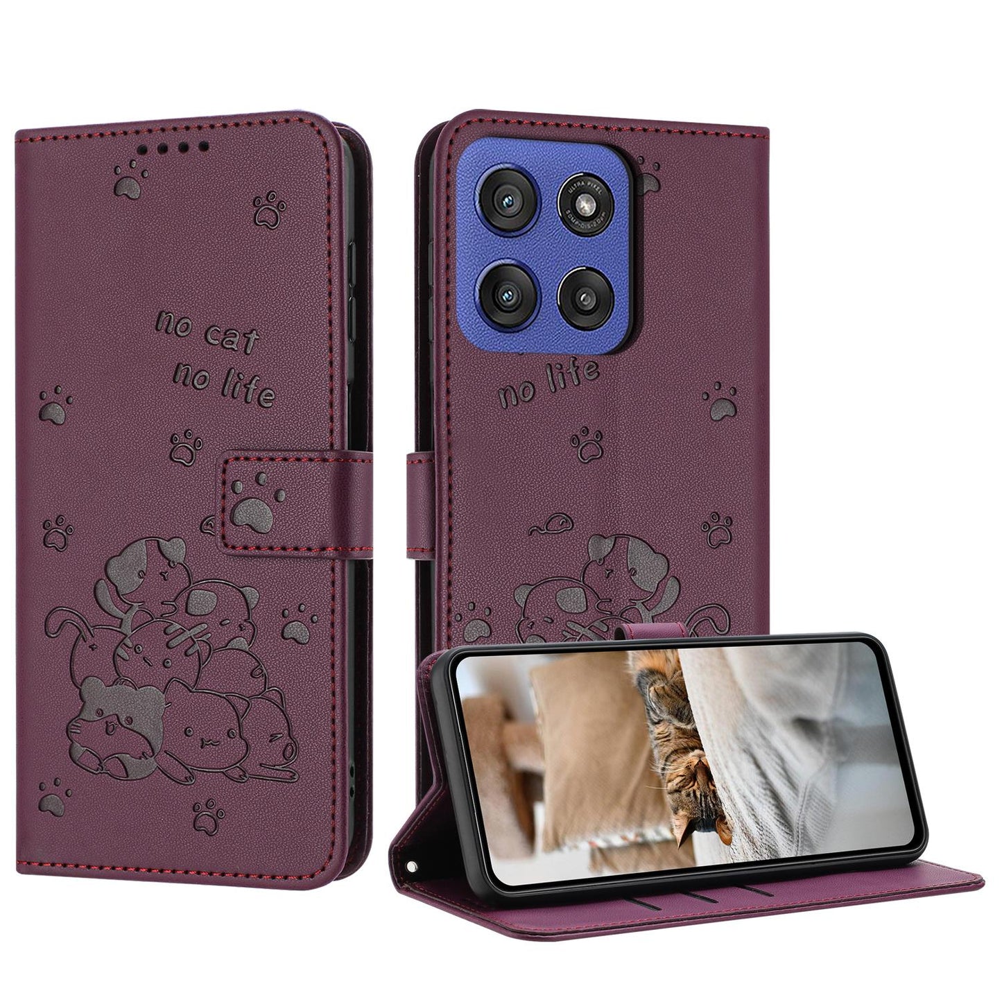 Motorola Edge 60 Fusion Embossed Kitten PU Leather Wallet Case with Card Slots, Cash Pocket, Kickstand Function, Wrist Lanyard Strap, Full Protective TPU Flip Cover