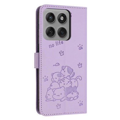 Motorola Edge 60 Pro Embossed Kitten PU Leather Wallet Case with Card Slots, Cash Pocket, Kickstand Function, Wrist Lanyard Strap, Full Protective TPU Flip Cover