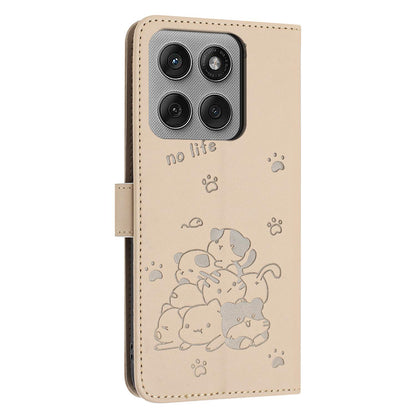 Motorola Edge 60 Pro Embossed Kitten PU Leather Wallet Case with Card Slots, Cash Pocket, Kickstand Function, Wrist Lanyard Strap, Full Protective TPU Flip Cover