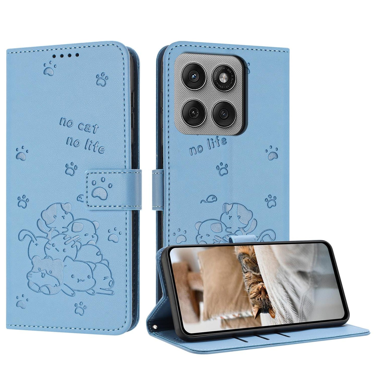 Motorola Edge 60 Pro Embossed Kitten PU Leather Wallet Case with Card Slots, Cash Pocket, Kickstand Function, Wrist Lanyard Strap, Full Protective TPU Flip Cover