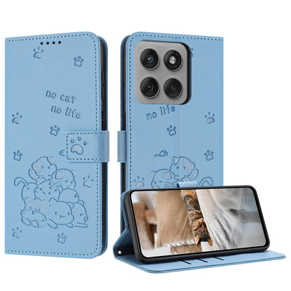 Motorola Edge 60 Pro Embossed Kitten PU Leather Wallet Case with Card Slots, Cash Pocket, Kickstand Function, Wrist Lanyard Strap, Full Protective TPU Flip Cover