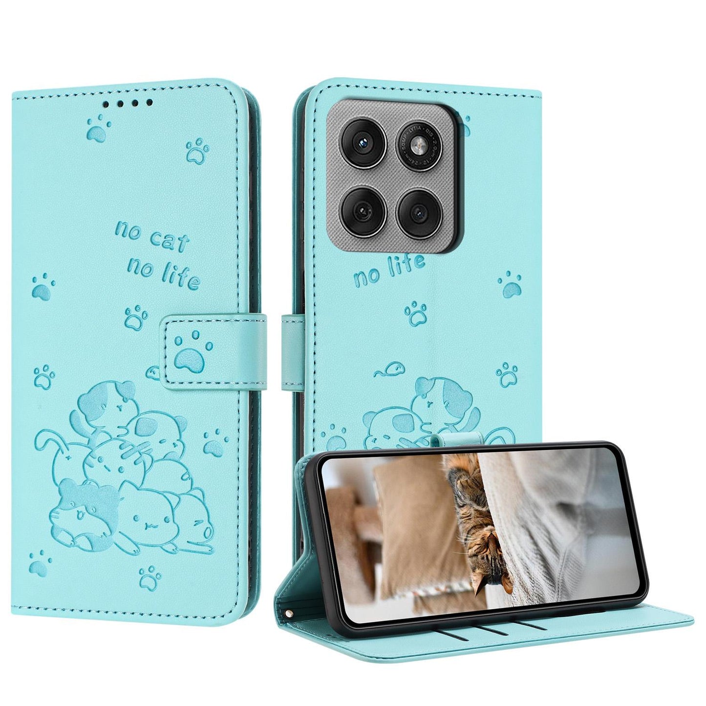 Motorola Edge 60 Pro Embossed Kitten PU Leather Wallet Case with Card Slots, Cash Pocket, Kickstand Function, Wrist Lanyard Strap, Full Protective TPU Flip Cover