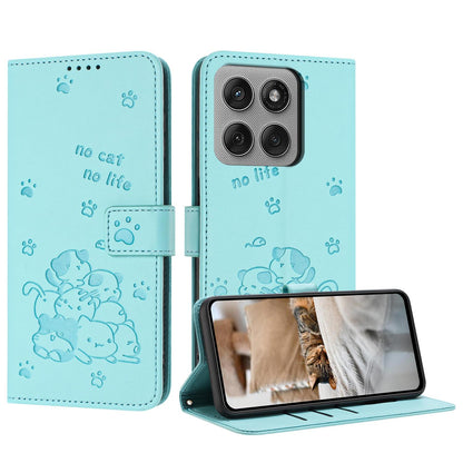 Motorola Edge 60 Pro Embossed Kitten PU Leather Wallet Case with Card Slots, Cash Pocket, Kickstand Function, Wrist Lanyard Strap, Full Protective TPU Flip Cover