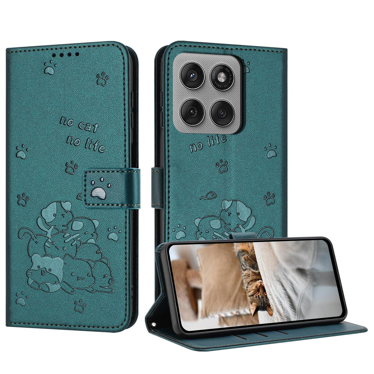 Motorola Edge 60 Pro Embossed Kitten PU Leather Wallet Case with Card Slots, Cash Pocket, Kickstand Function, Wrist Lanyard Strap, Full Protective TPU Flip Cover