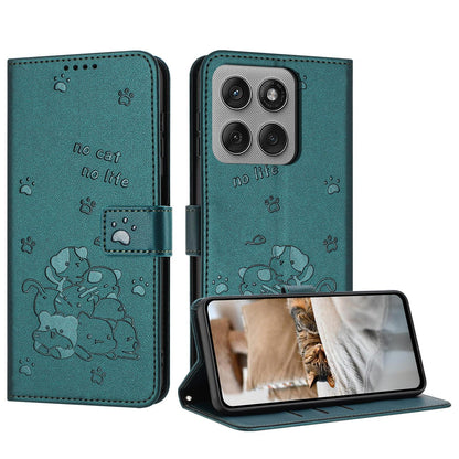 Motorola Edge 60 Pro Embossed Kitten PU Leather Wallet Case with Card Slots, Cash Pocket, Kickstand Function, Wrist Lanyard Strap, Full Protective TPU Flip Cover