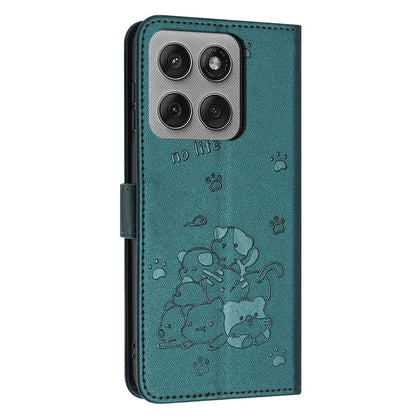 Motorola Edge 60 Pro Embossed Kitten PU Leather Wallet Case with Card Slots, Cash Pocket, Kickstand Function, Wrist Lanyard Strap, Full Protective TPU Flip Cover