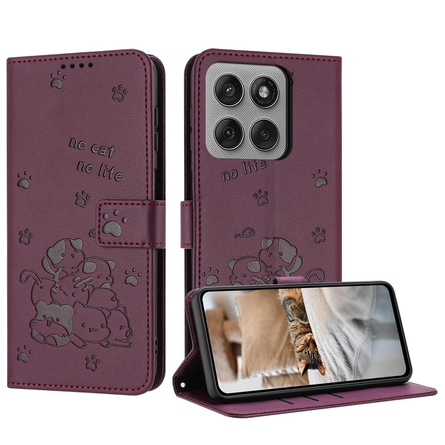 Motorola Edge 60 Pro Embossed Kitten PU Leather Wallet Case with Card Slots, Cash Pocket, Kickstand Function, Wrist Lanyard Strap, Full Protective TPU Flip Cover